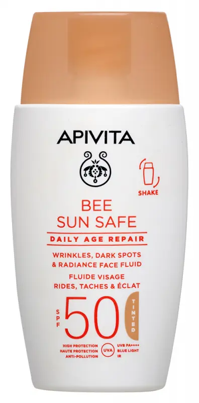 APIVITA BEE SUN SAFE Daily Age Repair Színezett arckrém ráncok és pigmentfoltok ellen SPF50 (50 ml)